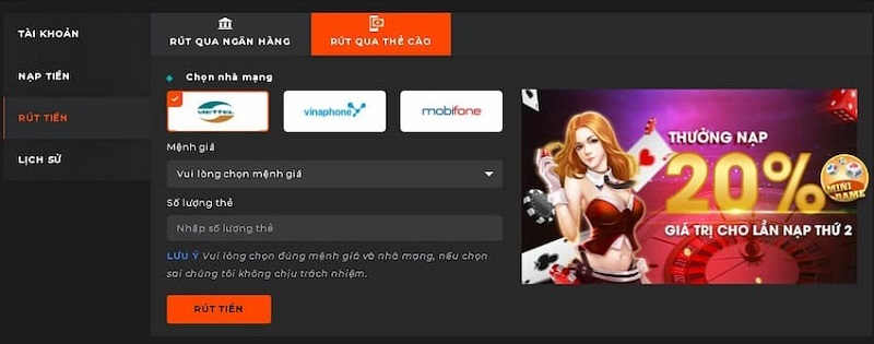 Rút tiền SV88 bằng thẻ cào điện thoại