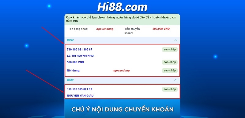 Lưu ý khi nạp tiền tại Hi88